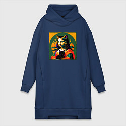 Женское худи-платье Мона Лиза с черным котиком, цвет: тёмно-синий