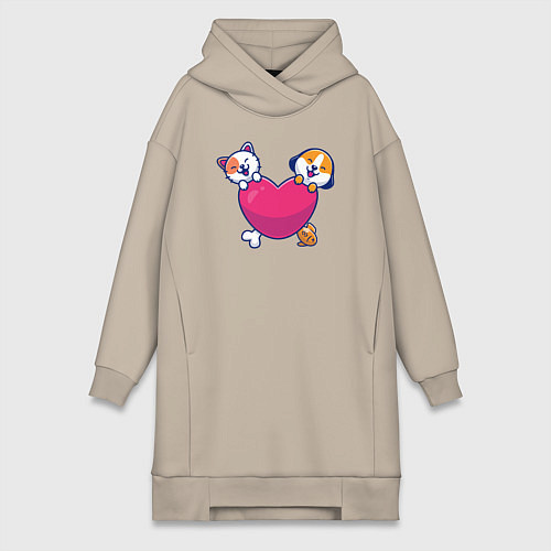 Женская толстовка-платье Котик и пёсик / Миндальный – фото 1