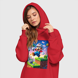 Женское худи-платье Марио и Майнкрафт - коллаба, цвет: красный — фото 2