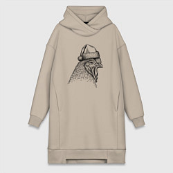 Женское худи-платье Петушок в новогоднем колпаке, цвет: миндальный