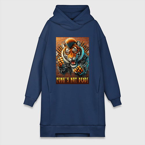 Женская толстовка-платье Punks not dead - motto tiger / Тёмно-синий – фото 1
