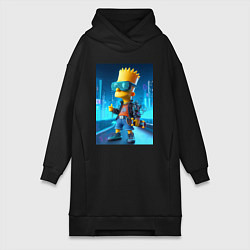 Женское худи-платье Барт Симпсон в неоновом городе со скейтбордом - не, цвет: черный
