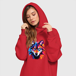 Женское худи-платье Красочный волк поп арт, цвет: красный — фото 2