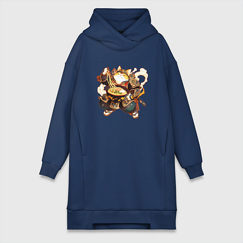 Женская толстовка-платье Кот самурай и лапша / Тёмно-синий – фото 1