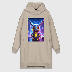 Женское худи-платье Cyber Pikachu - metal style neon glow, цвет: миндальный
