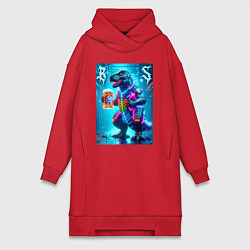 Женское худи-платье Неоновый кибер пивозавр - нейроарт, цвет: красный