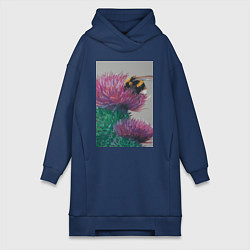 Женское худи-платье Мохнатый шмель на кактусе - живопись, цвет: тёмно-синий