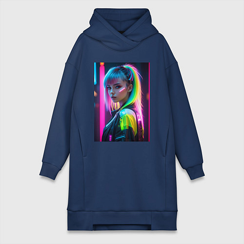 Женская толстовка-платье Киберпанк девушка с зеленым хвостом / Тёмно-синий – фото 1