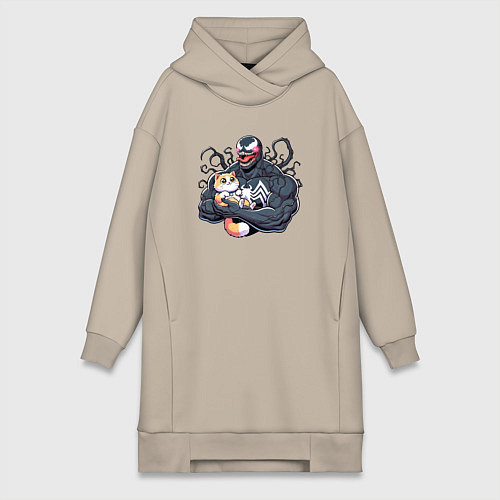 Женская толстовка-платье Веном с котиком / Миндальный – фото 1