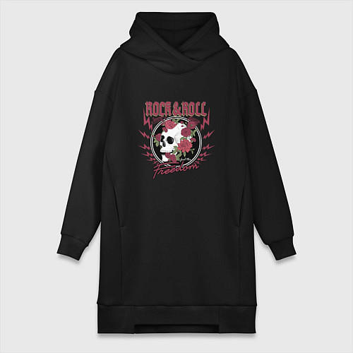 Женская толстовка-платье Рок н ролл череп и цветы / Черный – фото 1