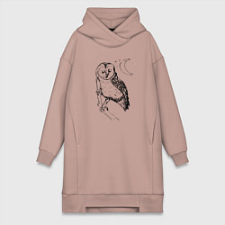 Женское худи-платье Сова на ветке рисунок, цвет: пыльно-розовый