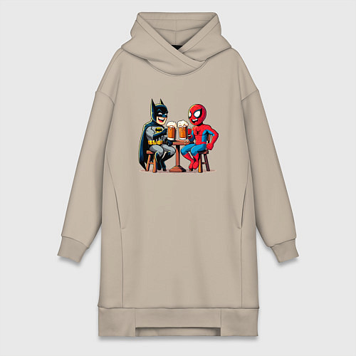 Женская толстовка-платье Бэтмен и человек Паук пьют пиво / Миндальный – фото 1