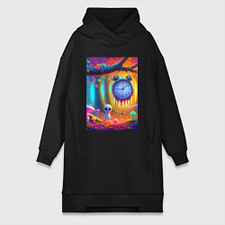 Женское худи-платье Психоделический осенний фрагмент с будильником, цвет: черный