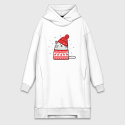 Женское худи-платье Кот в свитере с оленями и красной шапке, цвет: белый