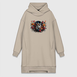Женское худи-платье Сова с розами, цвет: миндальный