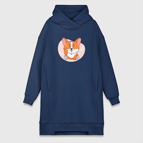 Женская толстовка-платье Щенок корги показывает лапой жест - сердечко / Тёмно-синий – фото 1