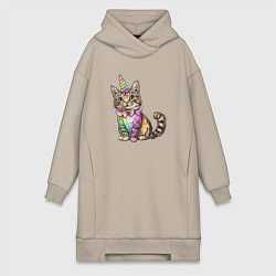 Женское худи-платье Праздничный котик в колпаке единорога, цвет: миндальный