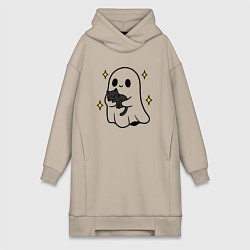 Женское худи-платье Призрак с котиком, цвет: миндальный