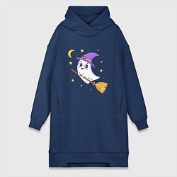 Женское худи-платье Хэллоуин, привидение на метле, луна, цвет: тёмно-синий