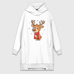Женское худи-платье Новогодний олень и снежинки, зима, цвет: белый
