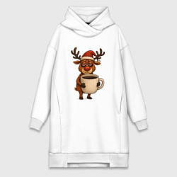 Женское худи-платье Уставший олень с кофе, цвет: белый
