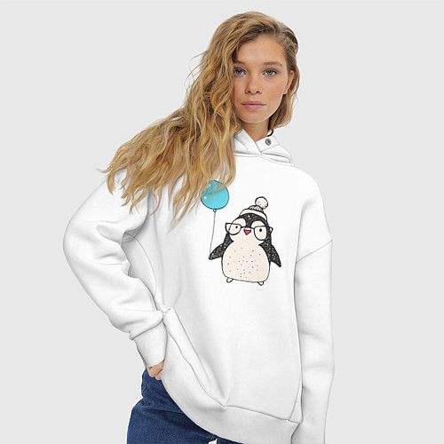 Женское худи оверсайз Пингвин-мальчик с шариком / Белый – фото 3