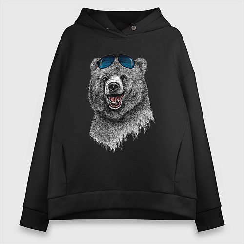 Женское худи оверсайз Медведь в очках / Черный – фото 1