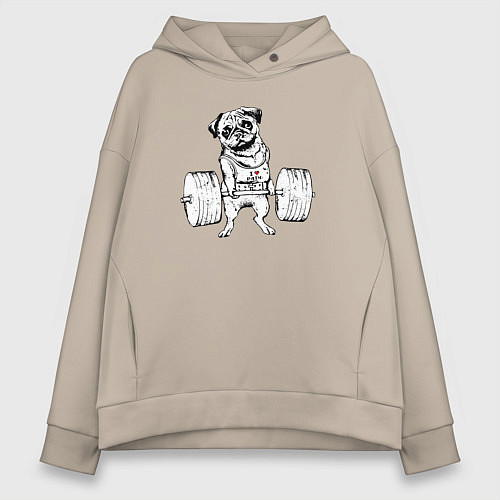 Женское худи оверсайз Мопс пауэрлифтер / Миндальный – фото 1