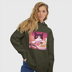 Толстовка оверсайз женская Кот и лапша, цвет: хаки — фото 2