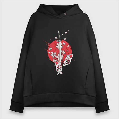 Женское худи оверсайз Катана на фоне сакуры Z / Черный – фото 1