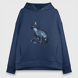 Толстовка оверсайз женская Космический кот, цвет: тёмно-синий