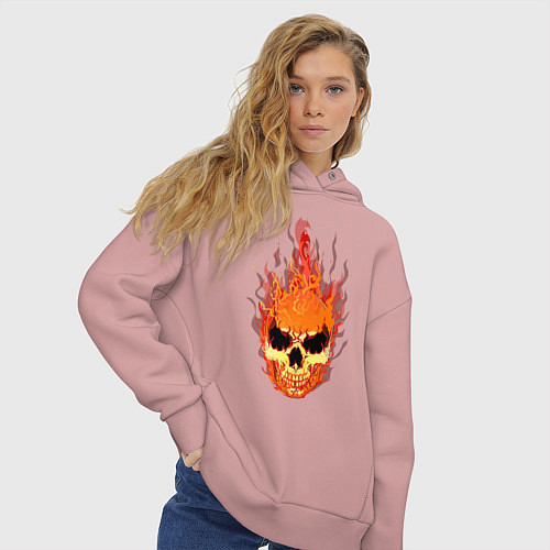 Женское худи оверсайз Fire flame skull / Пыльно-розовый – фото 3