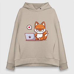 Толстовка оверсайз женская Cute fox and laptop, цвет: миндальный