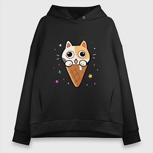 Женское худи оверсайз Ice Cream Cat / Черный – фото 1