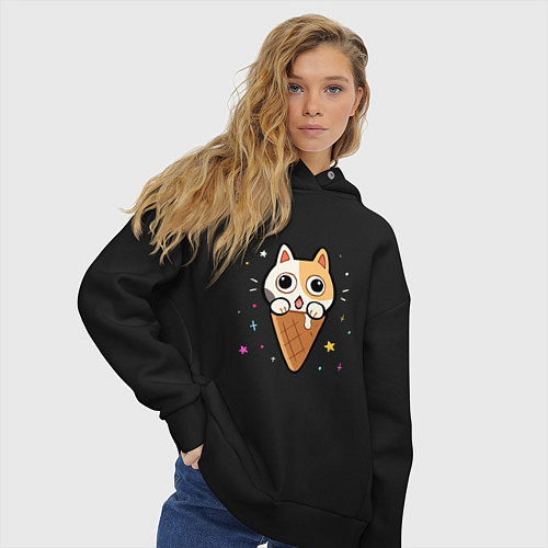 Женское худи оверсайз Ice Cream Cat / Черный – фото 3