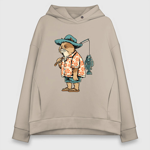 Женское худи оверсайз Кот рыбак / Миндальный – фото 1