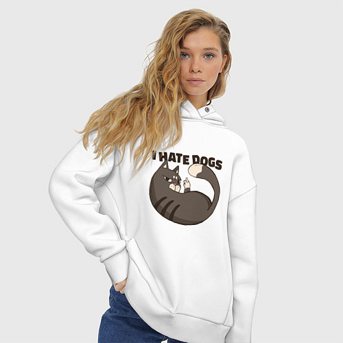 Женское худи оверсайз I hate dogs Я ненавижу собак / Белый – фото 3