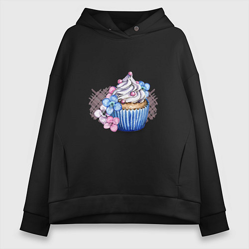 Женское худи оверсайз Cupcake Десерт с цветами / Черный – фото 1