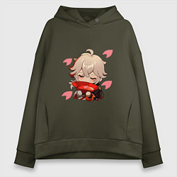 Толстовка оверсайз женская Маленький Казуха ест геншин импакт, цвет: хаки