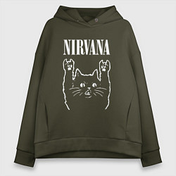 Толстовка оверсайз женская Nirvana Rock Cat, НИРВАНА, цвет: хаки