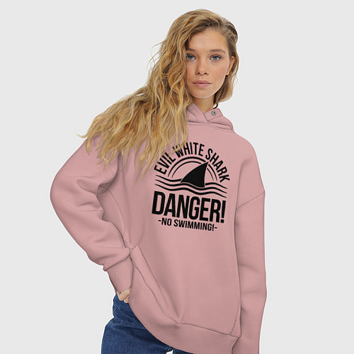 Женское худи оверсайз Danger No swiming Evil White Shark / Пыльно-розовый – фото 3