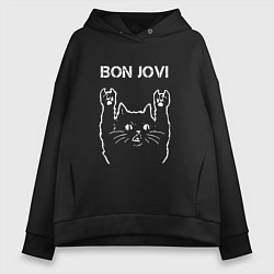 Толстовка оверсайз женская Bon Jovi Рок кот, цвет: черный