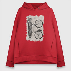 Толстовка оверсайз женская Котик велосипедист, цвет: красный