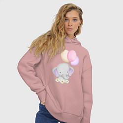 Толстовка оверсайз женская Милый Слонёнок Играет С Воздушными Шариками, цвет: пыльно-розовый — фото 2