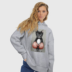 Толстовка оверсайз женская Крутой котяра в боксёрских перчатках Cool cat in b, цвет: меланж — фото 2