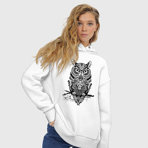 Женское худи оверсайз Черная сова в узорах / Белый – фото 3