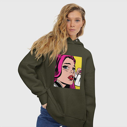 Женское худи оверсайз Девушка в стиле ПОП Арт Girl Pop Art / Хаки – фото 3