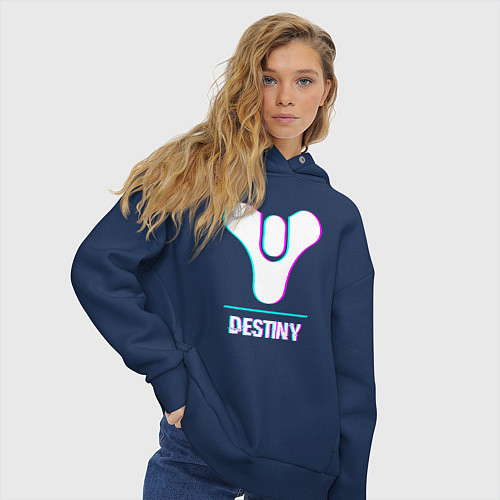 Женское худи оверсайз Destiny в стиле Glitch Баги Графики / Тёмно-синий – фото 3