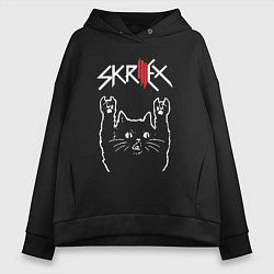 Толстовка оверсайз женская Skrillex Рок кот, цвет: черный