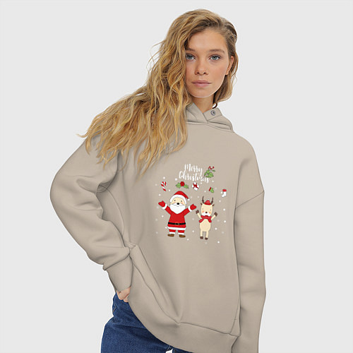 Женское худи оверсайз SANTA CLAUS WITH A DEER / Миндальный – фото 3